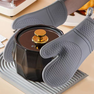 Heat Resistant Silicone Oven Mitts Set with Soft Cotton Lining Long Flexible Thick Silicone Oven Gloves Kitchen Mitt