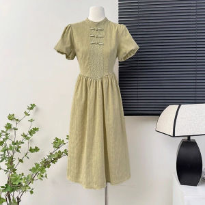 New Summer Chinese Style Embroidered Bubble Sleeve A-Line Dress Mint Wave Stand Collar Traditional Button Midi Dress Women