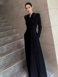 SHANGSHA | Hepburn Style Black Waist-Hugging Long Dress