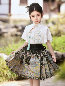 ชุดเด็กผู้หญิงสไตล์จีนโบราณสีดำ ชุดฤดูร้อน ชุดฮันฟู กางเกงกระโปรงทรงม้า เสื้อผ้าเด็กสไตล์จีนใหม่