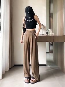 Setelan celana retro pinggang tinggi kaki lebar gaya Korea baru celana longgar kasual