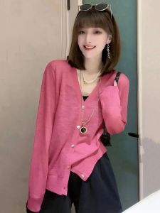 Ice Silk Thin Long Sleeve V-Neck Knitted Cardigan Womens Spring Summer New Lazy Sun Protection Slimming Top Women