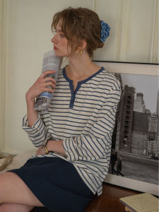 Dailyart Spring Sky Cotton Feel Loose T-shirt Half Button Contrast Color Collar Striped Top Womens Casual Spring Fashion