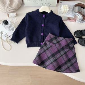Set Bộ Đồ Thời Trang Cho Bé Gái Áo Kẹ Cardigan và Chân Váy Carô