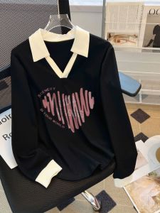 Elegant Long Sleeve Polo Neck T-Shirt for Women plus Size Autumn Fashionable Korean Style Print Casual Comfortable Top