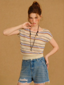 BANANA CICI | Áo Sweater Knit Phối Màu Mới Thu 2026 Cổ Tròn Tay Ngắn