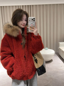 XUECAIQI | Korean Style Red Shearling Thick Warm Coat and Casual Pants Set