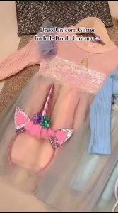 Dress Gaun Anak Lengan Panjang Unicorn Rainbow Glitter Sequin