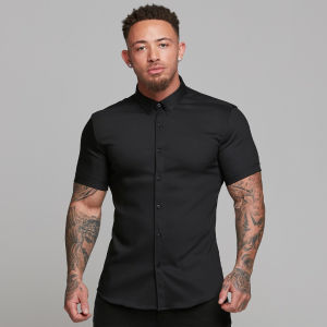 Muscle Mens Fitness Shirt Summer Mens Sports Stretch Breathable Slim Fit and Quick-Drying Non-Ironing Slimming Muscle Short Sleeve Shirt