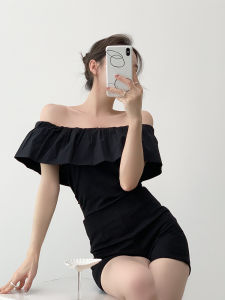 Classic Black Wavy One Shoulder Pleated Short Sleeve T-Shirt Womens Slim Fit Summer Baring Sweet And Spicy Small Top