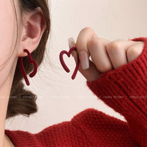 Red Wine Color Flocking Heart Shaped Irregular New Year Womens Earrings Fashionable Elegant Alloy Plated Silver Gold