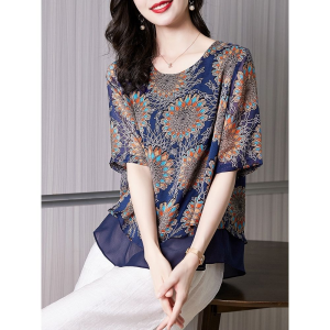 เสื้อเบลาส์แขนสั้นสำหรับผู้หญิงผ้าชีฟองพิมพ์ลายคอกลมแฟชั่นฤดูร้อนขนาดใหญ่พิเศษ90กก. สำหรับ2024