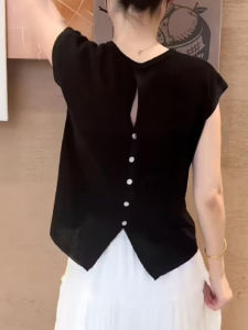 เสื้อยืดถักแขนสั้นสีดำสไตล์เกาหลี ผ้าไหมน้ำแข็ง แขนบาน สำหรับผู้หญิง แฟชั่นฤดูร้อน เสื้อเชิ้ตคอตตอนแบบสวมหัว