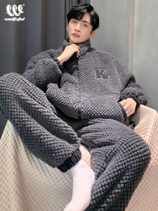 Pajamas Mens Fall/Winter Coral Fleece Warm Winter Winter Stand Collar Zipper Can Be Worn outside Mens Homewear Suit