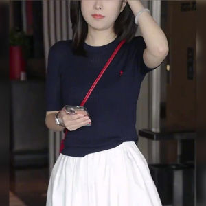 Slim Fit round Neck Short Sleeve T-Shirt Deep Blue Versatile Summer Top Korean Style Commute Straight Tube Shirt Single Piece