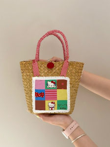 Hellokitty Basket Weave Handbag Straw Compile Leisure Vacation Beach Bag Summer Versatile Cute Womens Handbag Casual Style