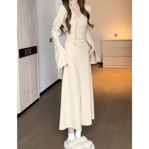French Style Temperament Waist-Tight Draping Effect Adult Lady like Woman Figure-Flattering Long Sleeves V-neck Split Dress Womens Spring and Autumn New Arrival
