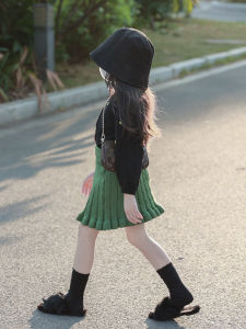 Girls Green Pleated Skirt Casual Korean Style Half-length Autumn Winter Fashionable Versatile Cotton Fabric Childrens Dress