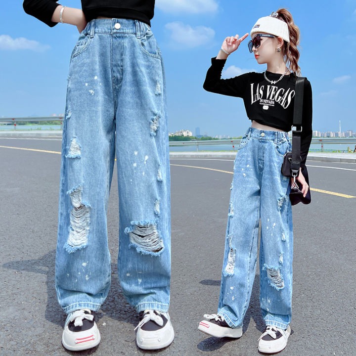 Kids Girls' Casual Wide Leg Baggy Ripped Jeans Cool