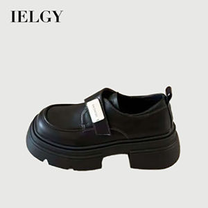 IELGY Womens small leather shoes black thick sole British style versatile loafers