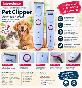 LoveShow Professional Pet Grooming Clippers Quiet Safe Efficient for Cats & Dogs with Precision Blade One Touch Power LED Indicator Fast Charging Sleek Durable Design.