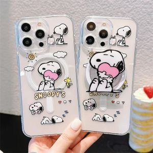 💯【Phone Case】+FREE Shipping 💯 Anime Kawaii Snoopy Spiked Magnetics Suction Case Cartoon Suitable For iPhone 11 12 13 14 15 16 Pro Max 16 15 14 Plus Mobile Phone Case Transparent Soft Shell With Bracket