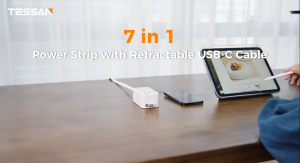 TESSAN TS-PS10US00 Charging Station 1 PD20W Retractable USB C Cable 5ft Fast Charging Ultra Thin Extension Cord with 3 AC Outlets 3 USB Ports 5 ft Slim Plug for Cruise Ship Travel Dorm Home Office Fast Charger VMI