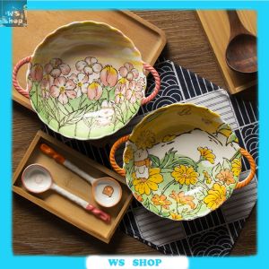 2022ใหม่ Ins เซรามิคก๋วยเตี๋ยวชามซุปอาหารเย็นสลัดผลไม้จาน Hand-Painted จาน Retro Bakeware Binaural Baking Pan ครัวบนโต๊ะอาหาร
