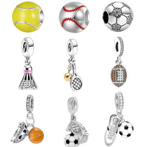 Authentic Silver-Plated DIY Making Football、Baseball & Green Tennis Ball Sports Charm Bead Fit Original Women Bracelet Jewelry