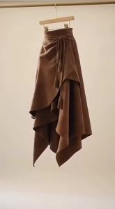 American Retro Asymmetry Suede Midi Skirt for Woman Bohemian Style Rope Vintage Autumn Winter Retro Street A-Line Skirts Lady