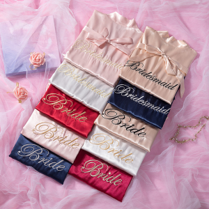 Silk Blend Sleepwear Wedding Gown Morning Robe V-Neck Long Sleeve Womens Bathrobe Simple Design for Bridesmaid Group