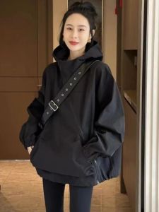 Casual Loose Womens Cotton Jacket Windbreaker Spring Autumn Zipper Hooded Coat European Style Fashionable Outerwear