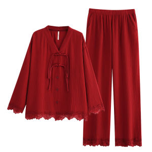 yuenei | เสื้อชุดนอนแขนยาวผ้าฝ้ายบริสุทธิ์ สไตล์จีนสีแดง สำหรับสตรีในฤดูใบไม้ผลิและฤดูใบไม้ร่วง