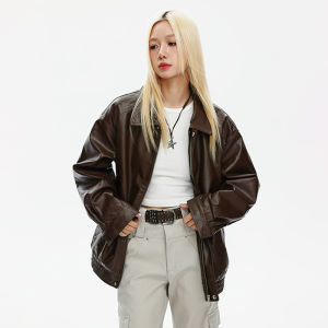 Retro American Style PU Leather Jacket Women Loose Fit Collar Streetwear Autumn Trendy Couples Biker Style Zipper Coat