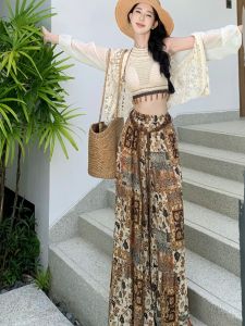 Bohemian Print High Waist Wide Leg Pants Flared Trousers Yunnan Travel Long Pants + Tank Top Summer 2024 Casual Bohemian