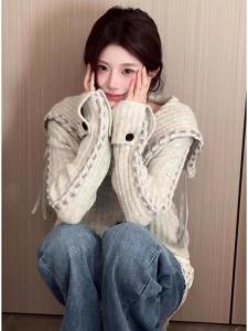American Retro Grey Design Sash Large Collar Open Cardigan Sweater Women Loose College Style Knitted Jacket Autumn Season