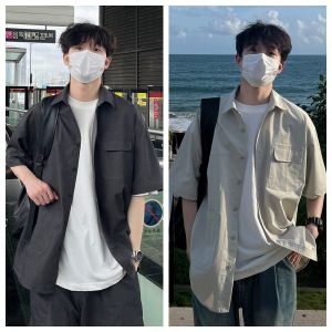 Su Daheng K-style Ins Summer Easiest for Match Retro Washed Denim Short Sleeve Shirt Men Handsome Loose Overalls