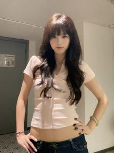 French Sweet Spicy Pink V-Neck Knot Short Sleeve T-Shirt Women Summer Hot Girl Casual Versatile Shoulder Length Trendy Top