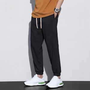 ROMON | Romon Mens Summer Thin Sporty Loose Trousers Ice Silk Harlan Grey Casual Long Pants Elastic Waistband Youth Trendy Style