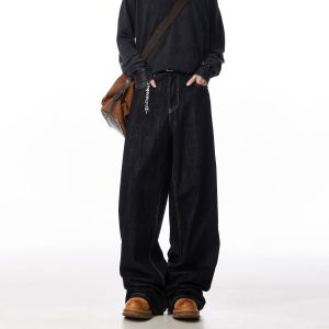 American Retro Black Denim Pants Mens Autumn Winter Loose Casual Wide Leg Long Trousers Youth Trendy Wear Resistant