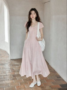 seemon | Đầm Dáng A Phong Cách Hàn Quốc Chất Liệu Tencel Màu Hồng Cổ V Tay Ngắn Có Nút