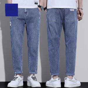 ROMON | Romon Mens Summer Thin Straight Leg Casual Jeans Loose Fit Light Blue Washed Elastic Cotton Polyester Blend Long Trousers