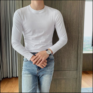 เสื้อยืดแขนยาวผู้ชายเสื้อตัวในเสื้อยืดสีขาวล้วนคอกลมสีดำชุดผู้ชายฤดูใบไม้ผลิและฤดูใบไม้ร่วงเข้ารูปเสื้อรัดรูปผ้ายืด