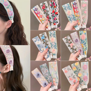 Sweet Style Embroidered Hairband for Women Summer Frontal Bangs Hair Organizer Band with Magic Stickers
