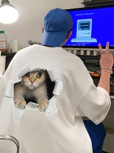 Heavyweight Cat Print Short Sleeve Loose Fit round Neck T-Shirt Youth Fashion American Style White Five-Quarter Length Summer Top