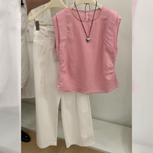 PAIBOLI | Dopamine Pink Cotton Linen Short Sleeve Shirt Women Summer Design Unique Fairy Tale Sweet Linen Top For Women By Burberry