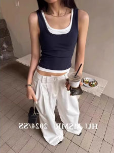 American Style Spicy Girl Tank Top Womens Outerwear Summer Color Collision Inner Match Sport Short Fake Two-Piece Sleeveless Shirt