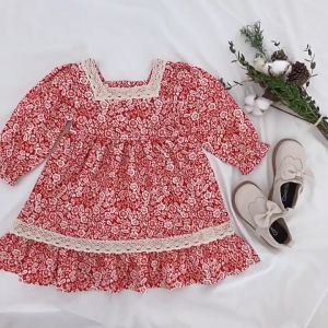 LITTLE MOLY Dress Midi Maroon Floral Renda Lengan Panjang Korean Style Anak  Premium Import SD072