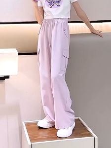 Cargo Pants for Kids Girls Ice Silk Pants for Kids Gilrs Multi Pocket High Waist Loose and Breathable Suitable for 7-13Years Pink/Rose/Blue/Beige/Black
