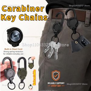 Retractable Heavy Duty Pull Reel Carabiner Key Chains Strong Steel Wire Rope Buckle Spring Key Ring Outdoor Sporty Keychain Tool